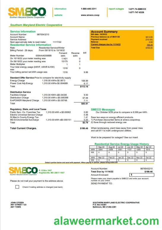 USA Maryland SMECO utility bill template in Word and PDF format
